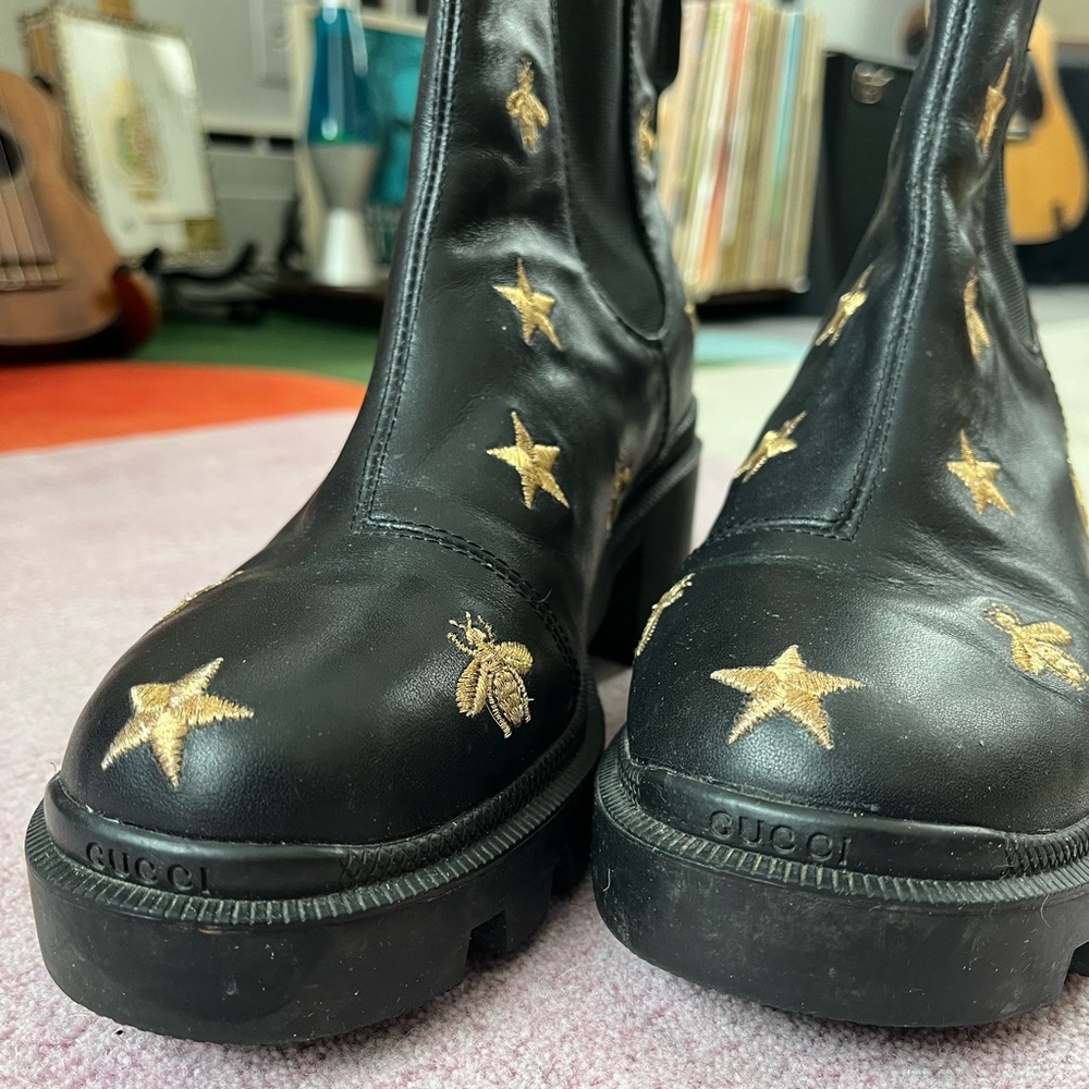 Black Ankle Boots with Star and Bee Embroidery - Picture 2 of 10